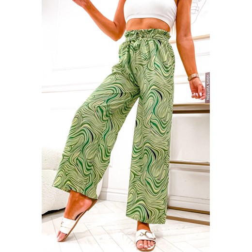 WZORZYSTE SZEROKIE SPODNIE Z WIĄZANIEM W PASIE- ZIELONE Olika M/L olika.com.pl