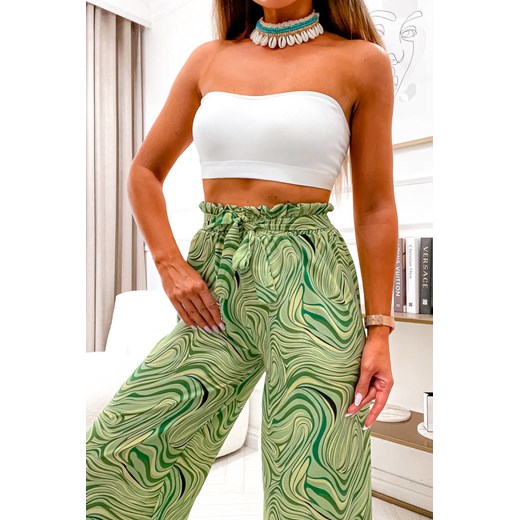WZORZYSTE SZEROKIE SPODNIE Z WIĄZANIEM W PASIE- ZIELONE Olika M/L olika.com.pl