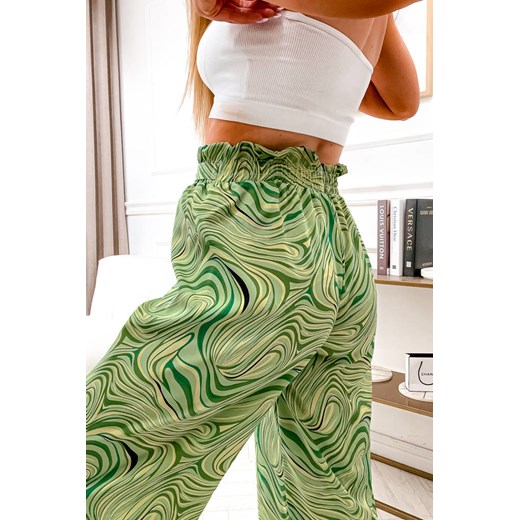 WZORZYSTE SZEROKIE SPODNIE Z WIĄZANIEM W PASIE- ZIELONE Olika M/L olika.com.pl