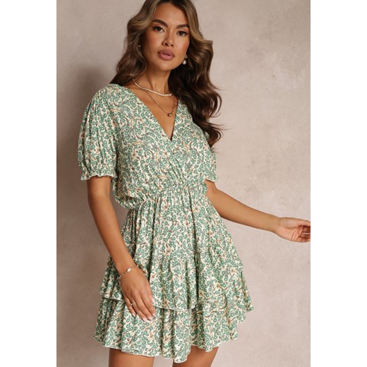 Zielona Sukienka Mini z Gumką w Pasie i Kopertowym Dekoltem z Wiskozy Littlestar ze sklepu Renee odzież w kategorii Sukienki - zdjęcie 160138378