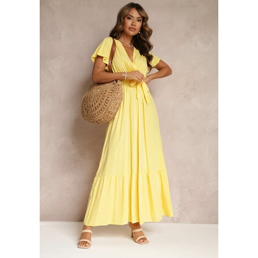 Sukienka Renee maxi trapezowa w serek elegancka z krótkim rękawem