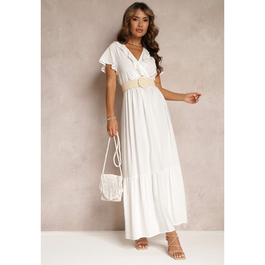 Biała Sukienka Maxi z Kopertowym Dekoltem i Gumką w Talii Broka ze sklepu Renee odzież w kategorii Sukienki - zdjęcie 160139845