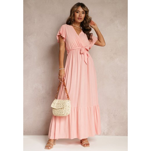 Różowa Rozkloszowana Sukienka Maxi z Gumką w Talii i Falbankami Tracia ze sklepu Renee odzież w kategorii Sukienki - zdjęcie 160139849