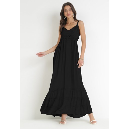 Czarna Sukienka Maxi na Ramiączkach z Koronkowymi Wstawkami i Falbankami Lemera ze sklepu Born2be Odzież w kategorii Sukienki - zdjęcie 160140728