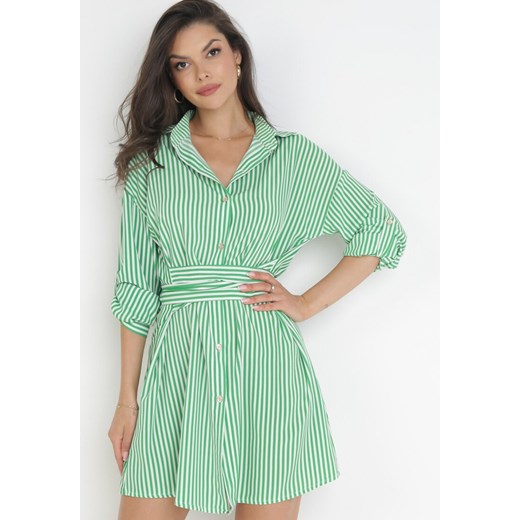 Zielona Koszulowa Sukienka Mini z Wiązaniem w Pasie z Wiskozy Eleva ze sklepu Born2be Odzież w kategorii Sukienki - zdjęcie 160153565