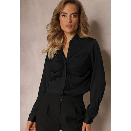 Czarna Marszczona Elegancka Koszula z Satyny Kaldei ze sklepu Renee odzież w kategorii Koszule damskie - zdjęcie 160207547