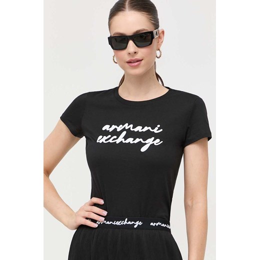 Armani Exchange bluzka damska czarna z okrągłym dekoltem na lato 