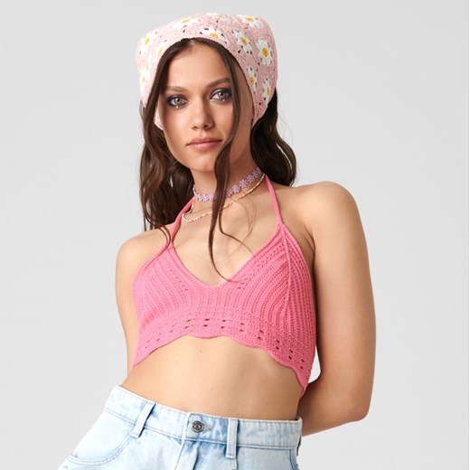Sinsay - Crop top z wiązaniem - Różowy Sinsay L okazja Sinsay