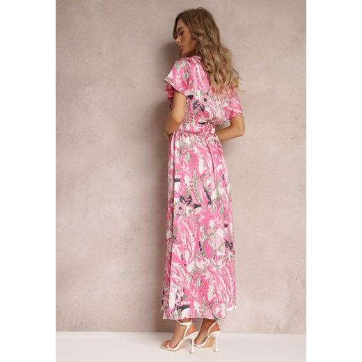 Różowa Rozkloszowana Sukienka Maxi z Gumką w Talii i Materiałowym Paskiem Tivia Renee L wyprzedaż Renee odzież