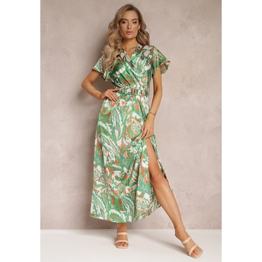 Zielona Rozkloszowana Sukienka Maxi z Gumką w Talii i Materiałowym Paskiem Tivia ze sklepu Renee odzież w kategorii Sukienki - zdjęcie 160219057