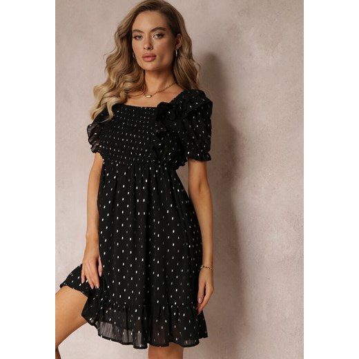 Czarna Sukienka Mini z Gumką w Talii i Wiązaniem na Plecach Olitisa ze sklepu Renee odzież w kategorii Sukienki - zdjęcie 160219067