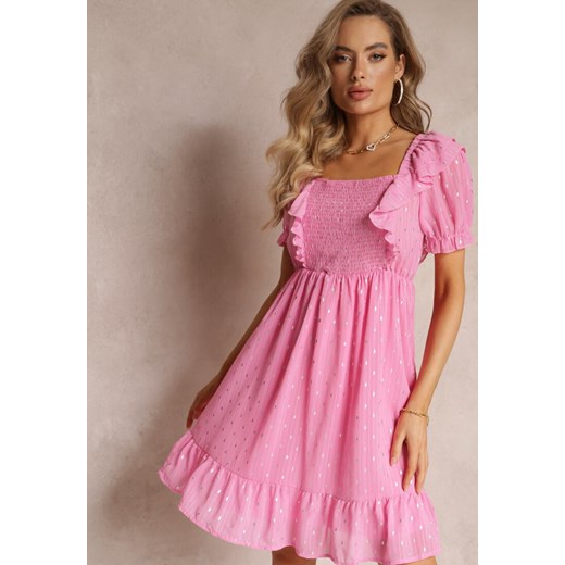Rózowa Sukienka Mini z Gumką w Talii i Wiązaniem na Plecach Olitisa ze sklepu Renee odzież w kategorii Sukienki - zdjęcie 160219077