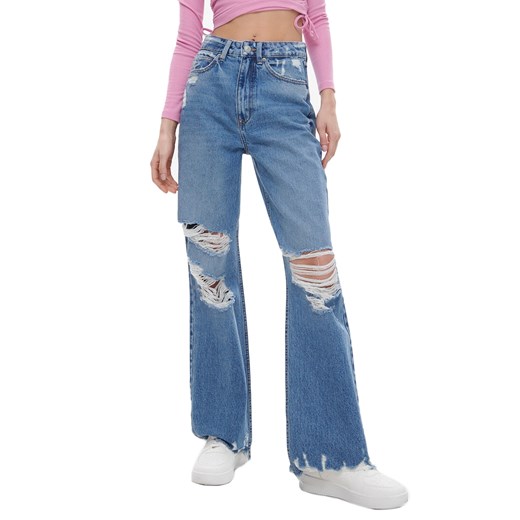 Cropp - Jeansy wide leg z przetarciami - Niebieski Cropp 34 wyprzedaż Cropp