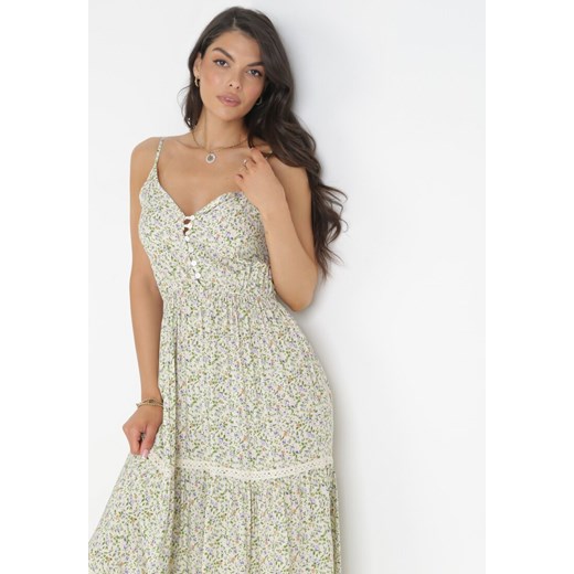 Zielono-Biała Rozkloszowana Sukienka Maxi z Gumką w Talii w Kwiaty Nynena M okazja Born2be Odzież
