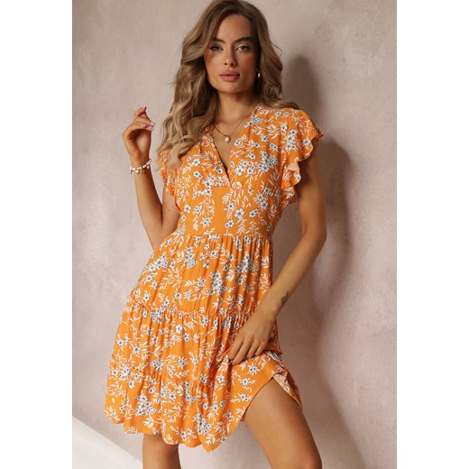 Pomarańczowa Rozkloszowana Sukienka z Wiskozy i Falbankami Brindisi ze sklepu Renee odzież w kategorii Sukienki - zdjęcie 160288827