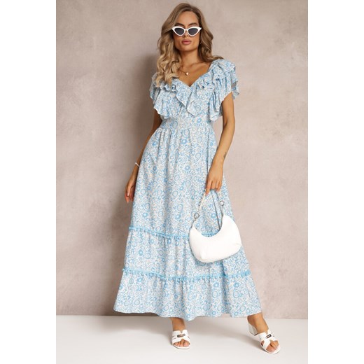 Niebieska Wiskozowa Sukienka Maxi z Falbanką przy Dekolcie i Gumką w Pasie Lamimore ze sklepu Renee odzież w kategorii Sukienki - zdjęcie 160288859