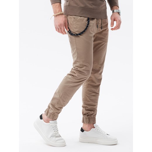 Spodnie męskie materiałowe JOGGERY z ozdobnym sznurkiem - beżowe V5 P908 ze sklepu ombre w kategorii Spodnie męskie - zdjęcie 160290897