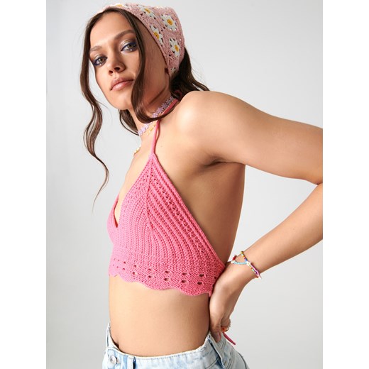 Sinsay - Crop top z wiązaniem - Różowy Sinsay L okazja Sinsay