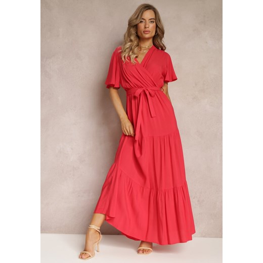 Czerwona Rozkloszowana Sukienka z Falbanką i Wiązanym Paskiem Adotine ze sklepu Renee odzież w kategorii Sukienki - zdjęcie 160308909