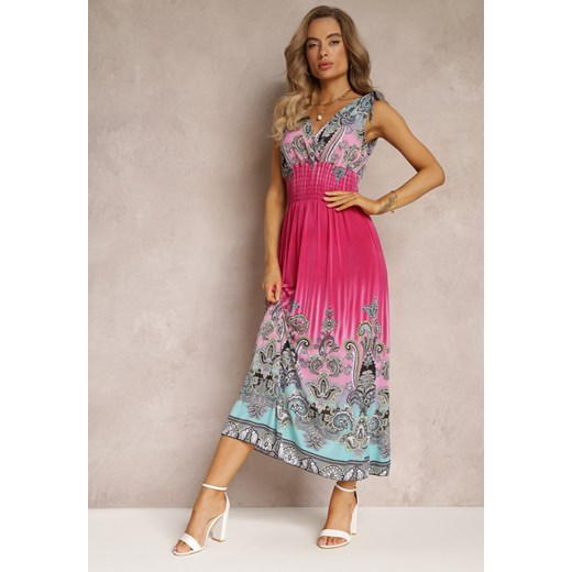 Ciemnoróżowa Rozkloszowana Sukienka z Gumką w Talii i Sznurkami na Ramiączkach Railia ze sklepu Renee odzież w kategorii Sukienki - zdjęcie 160308925
