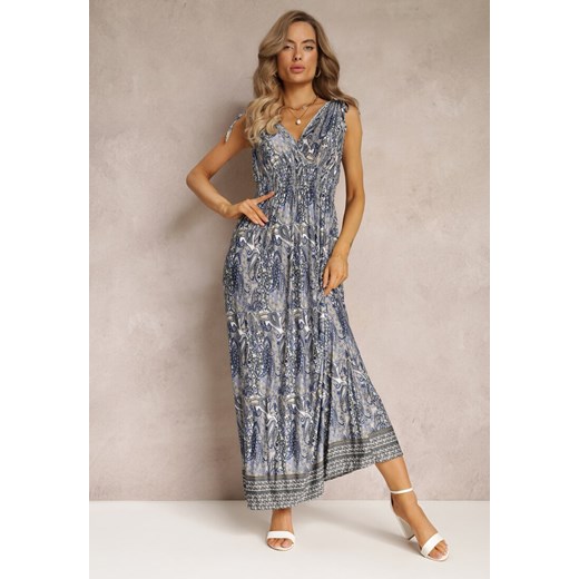 Niebiesko-Granatowa Wiskozowa Sukienka Maxi o Wzorze Paisley z Cienkimi Gumkami w Talii Trueth ze sklepu Renee odzież w kategorii Sukienki - zdjęcie 160308947