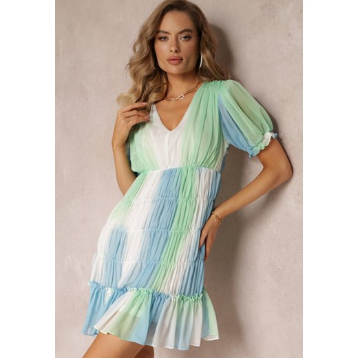 Zielona Sukienka Mini z Rozkloszowanym Dołem i Falbankami Cointa ze sklepu Renee odzież w kategorii Sukienki - zdjęcie 160315438