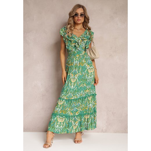 Zielona Wiskozowa Sukienka Maxi z Pomponami i Gumką w Talii Belmona ze sklepu Renee odzież w kategorii Sukienki - zdjęcie 160315488
