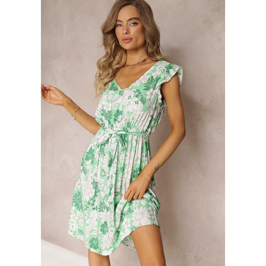 Zielona Rozkloszowana Sukienka z Wiskozy i Wiązanym Paskiem Anzio ze sklepu Renee odzież w kategorii Sukienki - zdjęcie 160315558