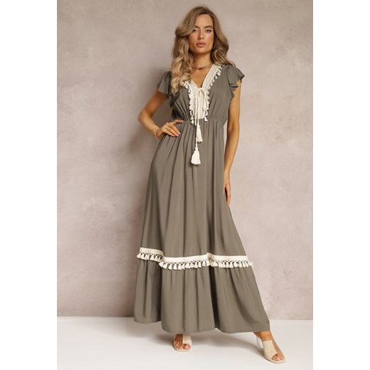 Ciemnozielona Wiskozowa Maxi Sukienka z Frędzlami i Wiązaniem przy Dekolcie Rosania ze sklepu Renee odzież w kategorii Sukienki - zdjęcie 160315568