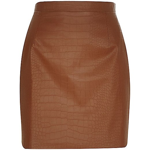 Brown leather-look mock croc mini skirt river-island brazowy Mini spódniczki