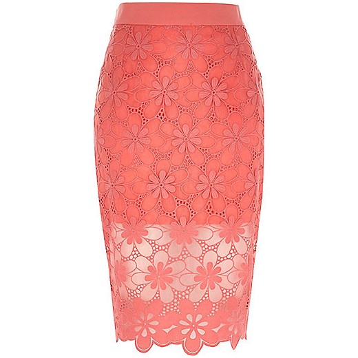Coral floral lace pencil skirt river-island rozowy kwiatowy
