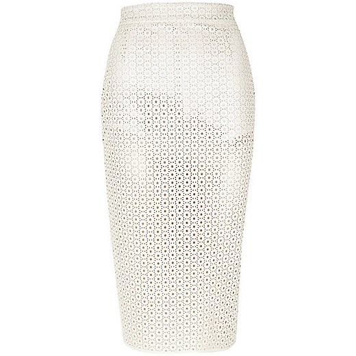 Cream leather-look punched pencil skirt river-island bezowy skóra