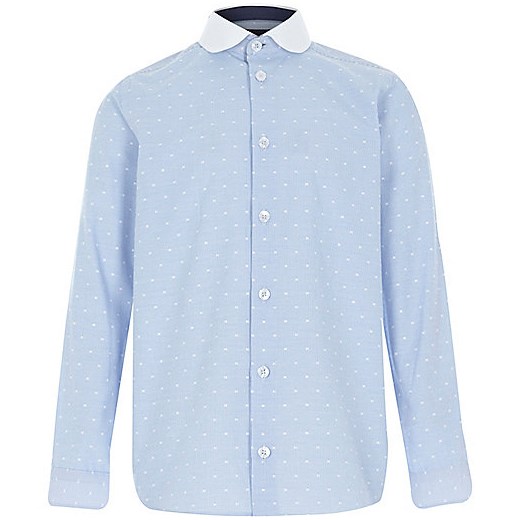 Boys blue polka dot collar contrast shirt river-island niebieski t-shirty