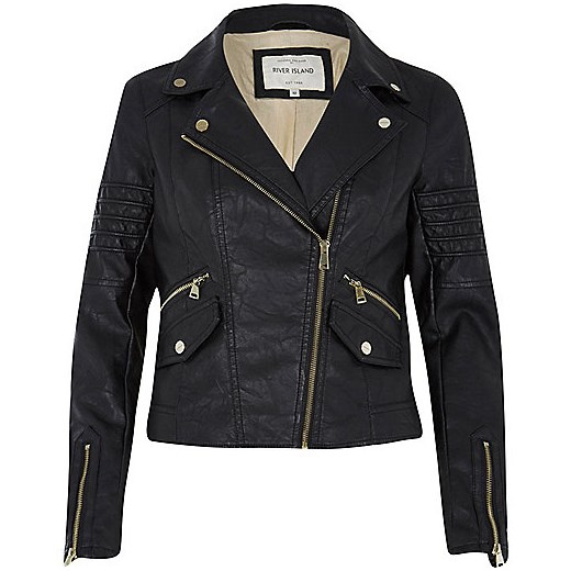 Black leather-look pockets biker jacket river-island czarny kurtki
