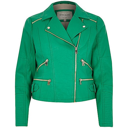 Green leather-look zip biker jacket river-island zielony kurtki