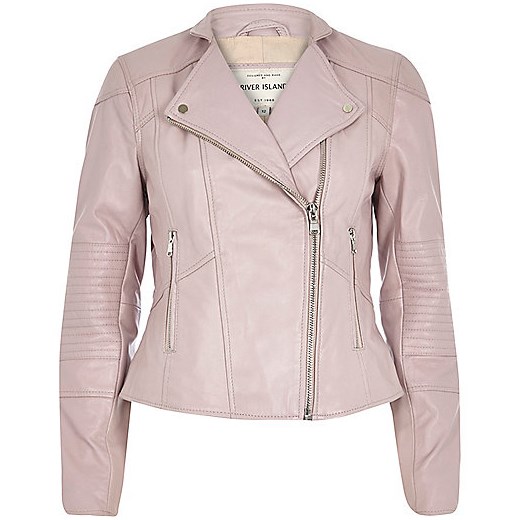Pink leather zip detail biker jacket river-island bezowy kurtki
