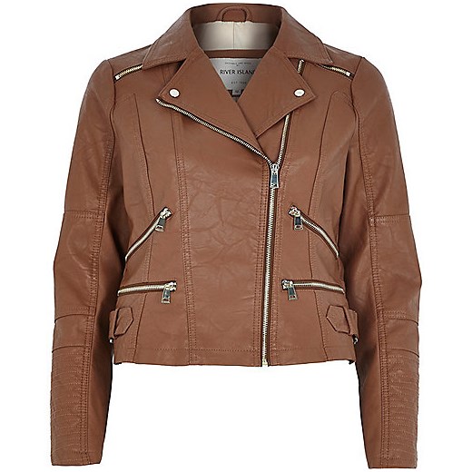 Brown leather-look zip biker jacket river-island brazowy kurtki
