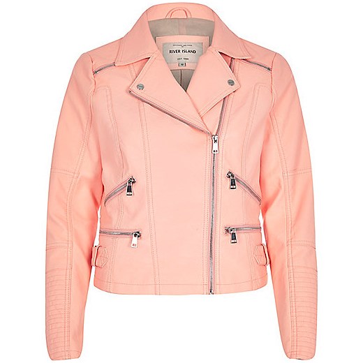 Coral leather-look zip biker jacket river-island rozowy kurtki