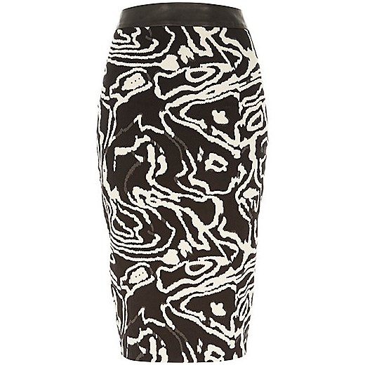 Black print woven pencil skirt river-island szary nadruki