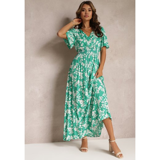 Zielona Kopertowa Sukienka Maxi z Gumką w Pasie i Wiązaniem na Plecach Dangela ze sklepu Renee odzież w kategorii Sukienki - zdjęcie 160409988