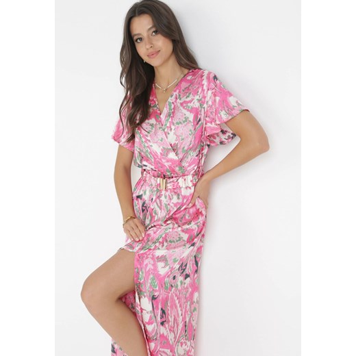Różowa Satynowa Sukienka Maxi z Kopertowym Dekoltem i Gumką w Pasie Posedana XL Born2be Odzież okazyjna cena