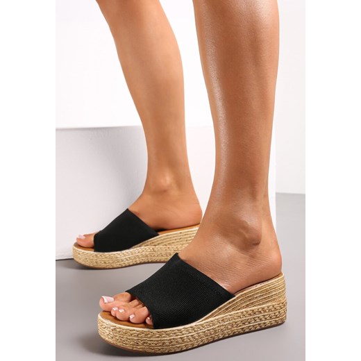 Czarne Klapki na Koturnie ze Sznurkiem z Otwartym Noskiem i Szerokim Paskiem Renee 39 renee.pl promocyjna cena