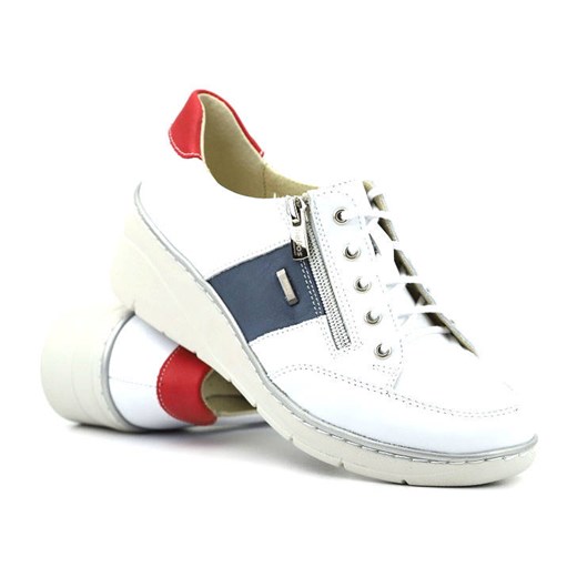 Skórzane półbuty damskie, sneakersy z granatowym zdobieniem - HELIOS Komfort 406, białe ze sklepu ulubioneobuwie w kategorii Półbuty damskie - zdjęcie 160488076