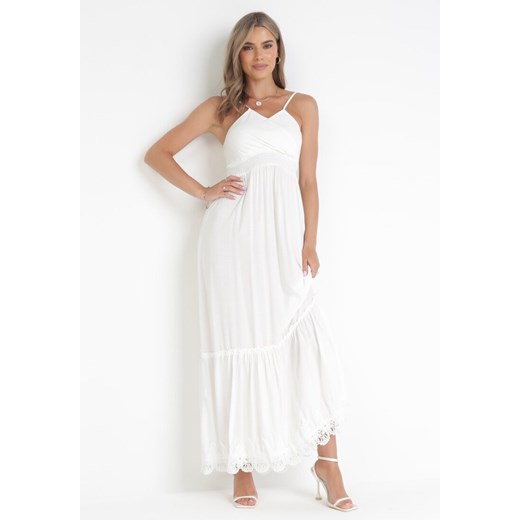 Biała Sukienka Maxi na Ramiączkach z Gumką w Pasie i Koronkową Wstawką Envama ze sklepu Born2be Odzież w kategorii Sukienki - zdjęcie 160488155
