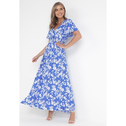 Niebieska Wiskozowa Sukienka Maxi z Gumkami w Talii i Kopertowym Dekoltem Olemenia ze sklepu Born2be Odzież w kategorii Sukienki - zdjęcie 160488215