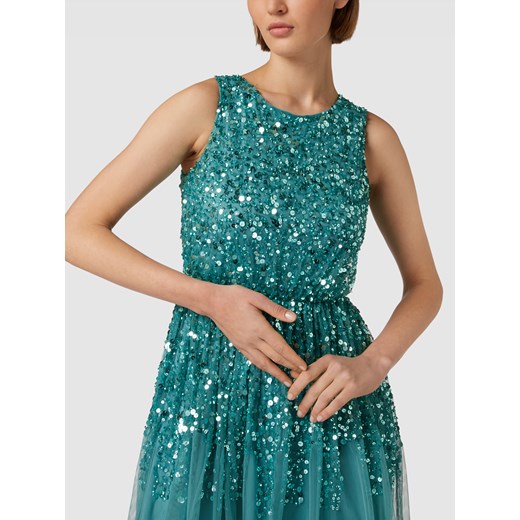 Sukienka Lace & Beads miętowa mini rozkloszowana z okrągłym dekoltem bez rękawów 