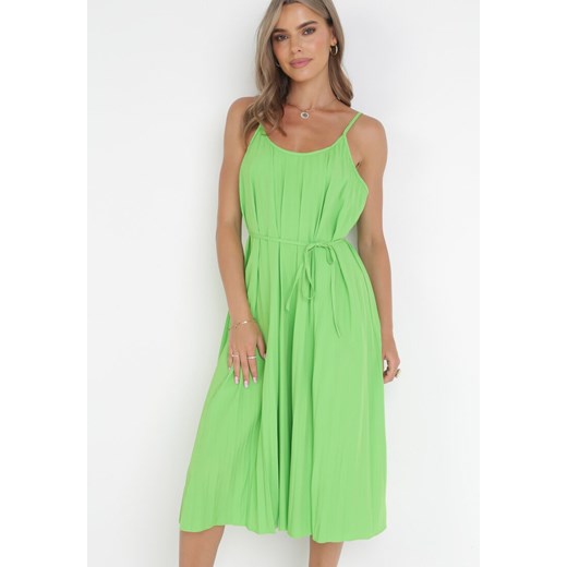 Zielona Plisowana Sukienka Midi ze Sznurkiem w Talii Eidas ze sklepu Born2be Odzież w kategorii Sukienki - zdjęcie 160802467