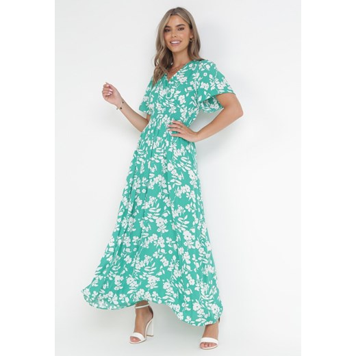 Zielona Wiskozowa Sukienka Maxi z Gumkami w Talii i Kopertowym Dekoltem Olemenia ze sklepu Born2be Odzież w kategorii Sukienki - zdjęcie 160802558