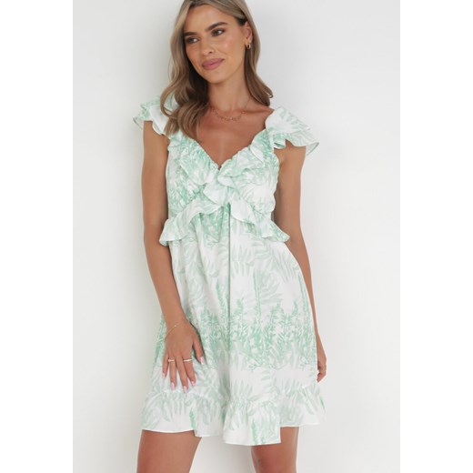 Zielona Sukienka Mini z Falbankami i Wiązaniem na Plecach Loronia ze sklepu Born2be Odzież w kategorii Sukienki - zdjęcie 160802578