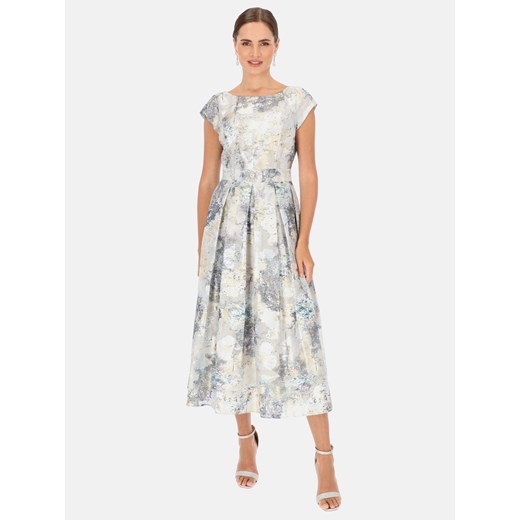 Sukienka L'AF z okrągłym dekoltem szara na wesele elegancka z krótkim rękawem 